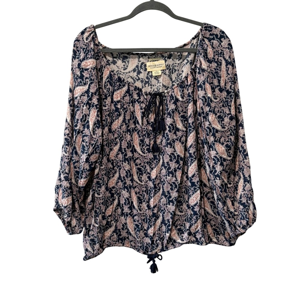 Denim & Supply Ralph Lauren Peasant Blouse Womens Large Navy Paisley Boho Tie